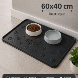 Kedi Köpek Mama Matı Havuzlu Yıkanabilir Kaymaz Evcil Hayvan Beslenme Matı Kedi Kumu Paspası 60x40