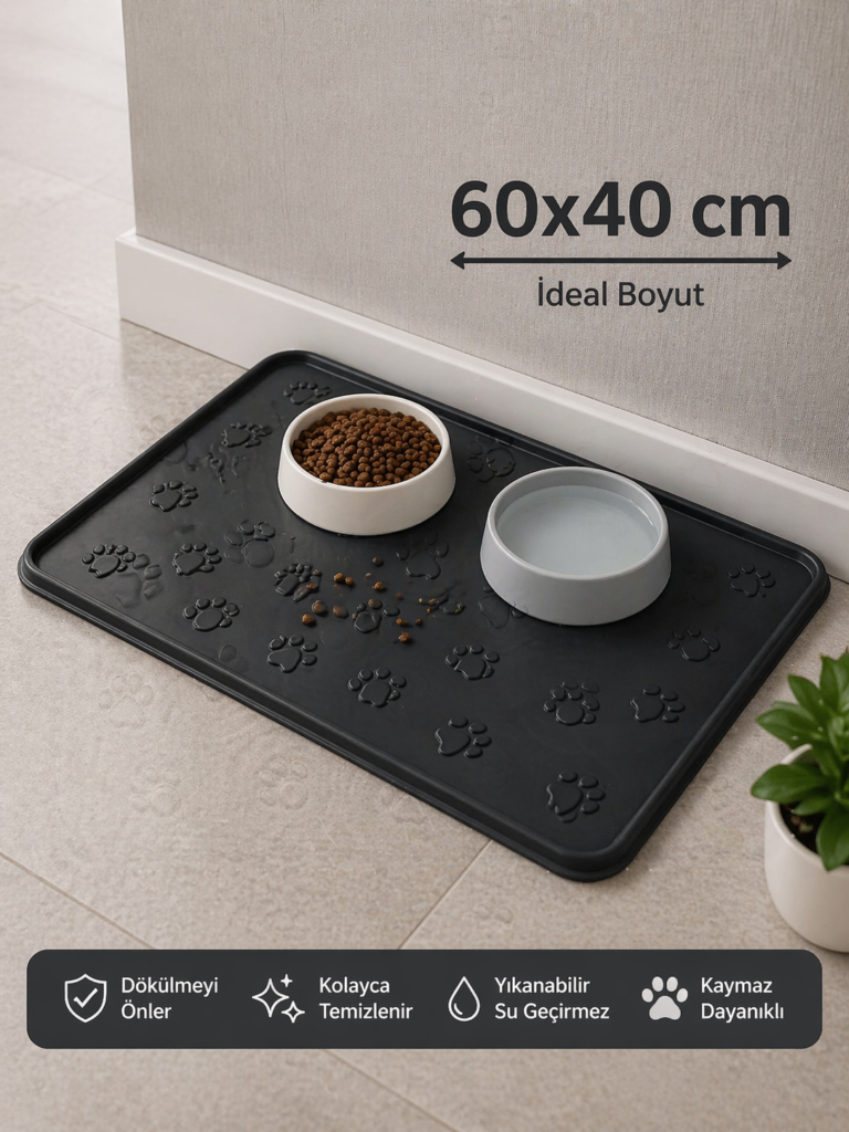 Kedi Köpek Mama Matı Havuzlu Yıkanabilir Kaymaz Evcil Hayvan Beslenme Matı Kedi Kumu Paspası 60x40